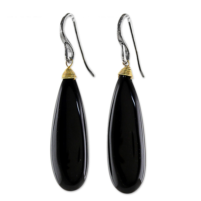 Gold accent onyx dangle earrings, 'Cosmos Drops in Black' - Gold Accent Black Onyx Dangle Earrings from Thailand
