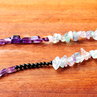 Multi-gemstone beaded necklace, 'Midnight Wanderer' - Amethyst Onyx and Fluorite Beaded Necklace from Thailand