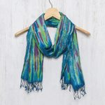 Silk scarf, 'Enchanting Love' - Hand Woven Fringed Silk Scarf in Multicolor from Thailand
