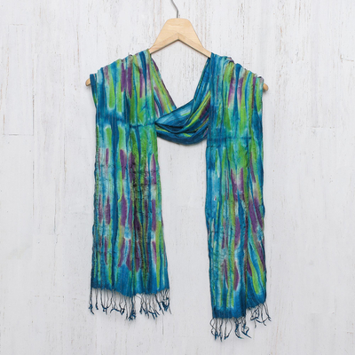Silk scarf, 'Enchanting Love' - Hand Woven Fringed Silk Scarf in Multicolor from Thailand