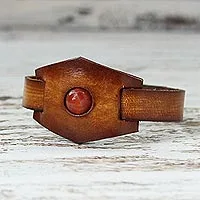 Carnelian and leather wristband bracelet, 'Carnelian Glow' - Leather and Carnelian Adjustable Snap Bracelet