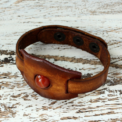 Carnelian and leather wristband bracelet, 'Carnelian Glow' - Leather and Carnelian Adjustable Snap Bracelet