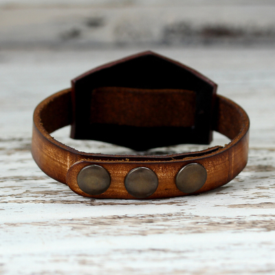 Carnelian and leather wristband bracelet, 'Carnelian Glow' - Leather and Carnelian Adjustable Snap Bracelet
