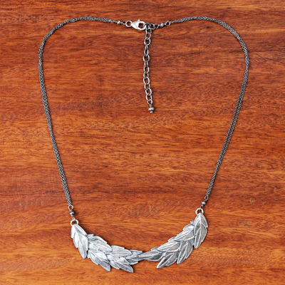 Silver pendant necklace, 'Precious Leaves' - Karen Silver Leafy Pendant Necklace from Thailand