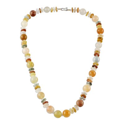 Jade and quartz beaded necklace, 'Moonlight Discs' - Jade Glass and Quartz Beaded Necklace from Thailand