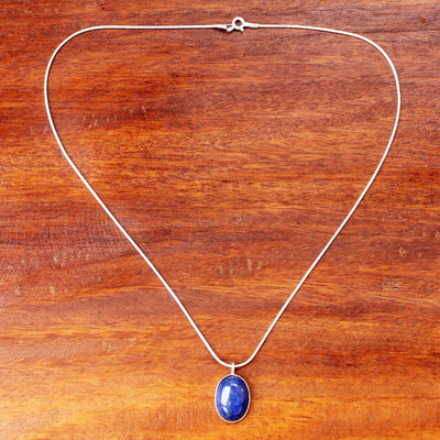 Lapis lazuli pendant necklace, 'Spangled Oval' - Sterling Silver and Lapis Lazuli Pendant Necklace Thailand