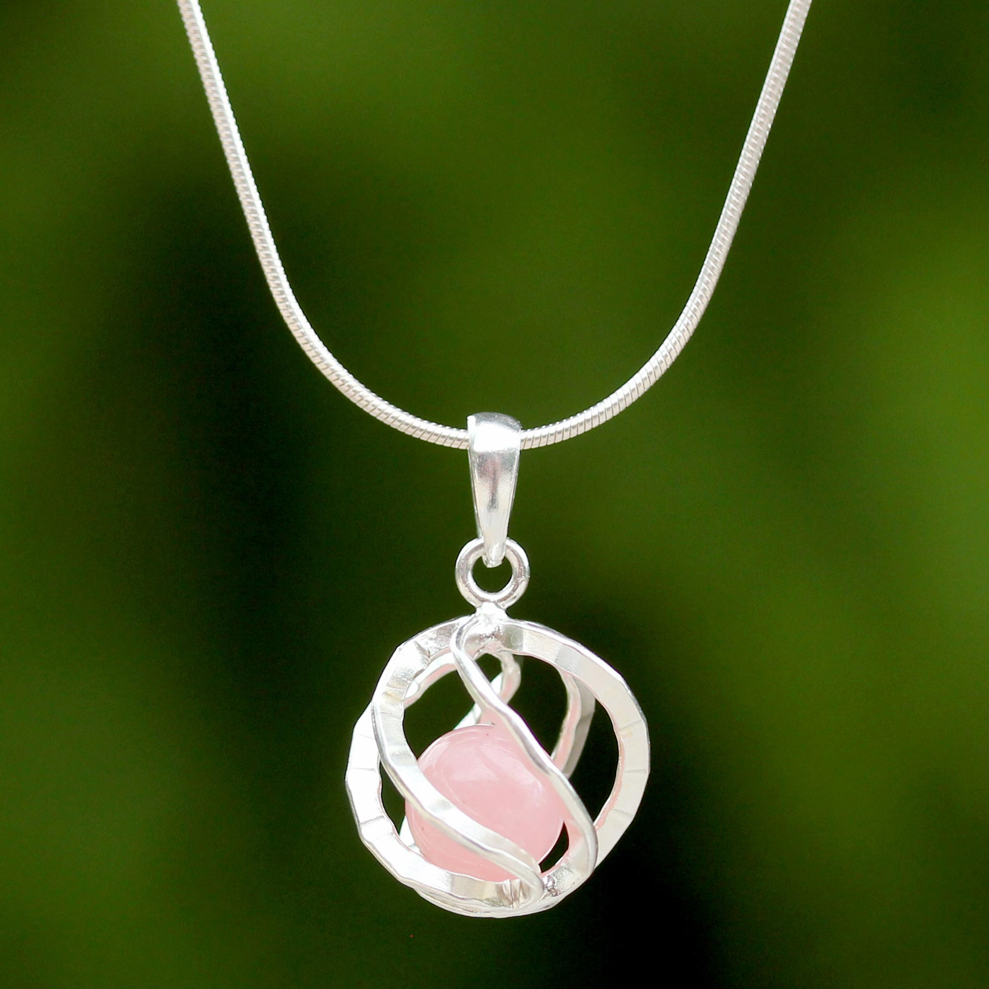 Sterling Silver Rose Quartz Pendant Necklace from Thailand - Pink 