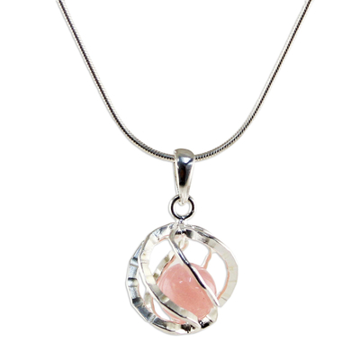 Rose quartz pendant necklace, 'Pink Orb of Energy' - Sterling Silver Rose Quartz Pendant Necklace from Thailand