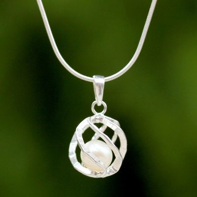 Cultured pearl pendant necklace, 'White Orb of Energy' - Thai Sterling Silver and Cultured Pearl Pendant Necklace