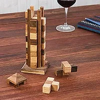 Holzpuzzle, „Babylon Tower“ – handgefertigtes Holzturm-Puzzlespiel aus Thailand