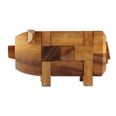 Holzpuzzle - Regenbaum-Holzschwein-Puzzle aus Thailand