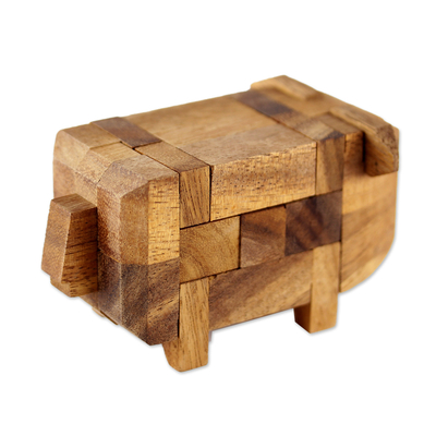 Holzpuzzle - Regenbaum-Holzschwein-Puzzle aus Thailand