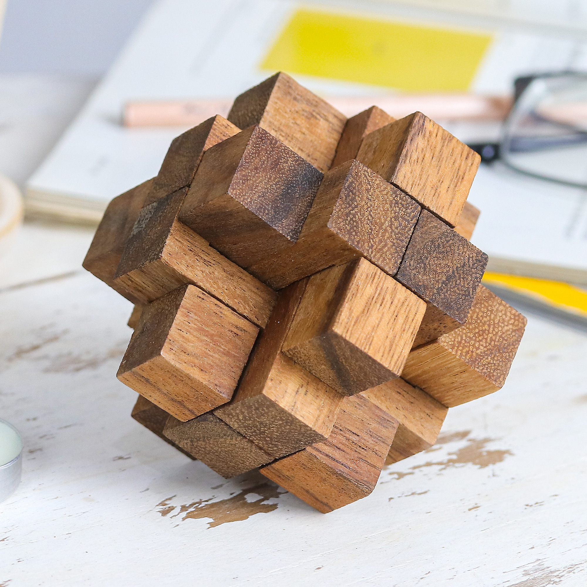 Hand Made Wood Puzzle Game Geometric from Thailand - Diamond Cube | NOVICA