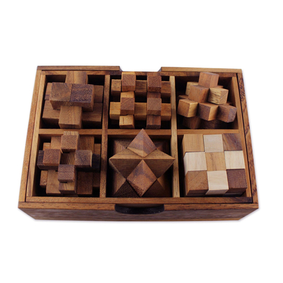 Rompecabezas de madera, 'Mente lógica' (juego de 6) - Juego hecho a mano de seis rompecabezas de madera de Tailandia