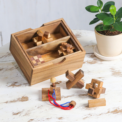 Holzpuzzle, (6er-Set) - Handgefertigtes Set aus sechs Mini-Holzpuzzles aus Thailand