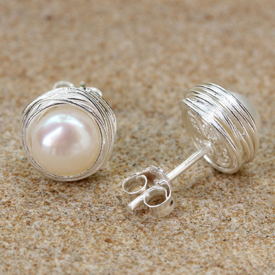 Cultured pearl stud earrings, 'Haloed Moons' - Cultured Pearl Sterling Silver Stud Earrings from Thailand