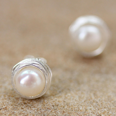 Cultured pearl stud earrings, 'Haloed Moons' - Cultured Pearl Sterling Silver Stud Earrings from Thailand