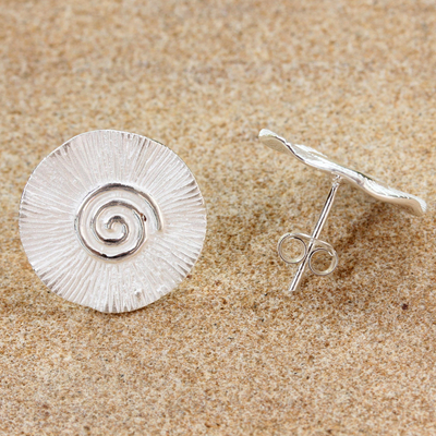 Sterling silver button earrings, 'Spring Spirals' - Spiral Motif Sterling Silver Button Earrings from Thailand