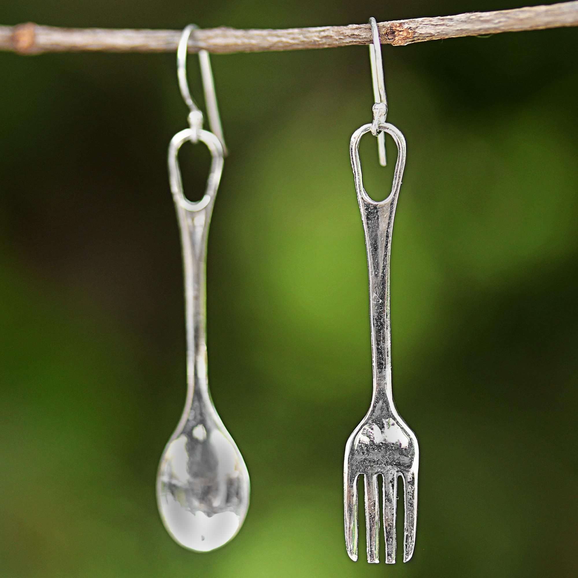 Fork and Spoon Sterling Silver Dangle Earrings from Thailand Lunch