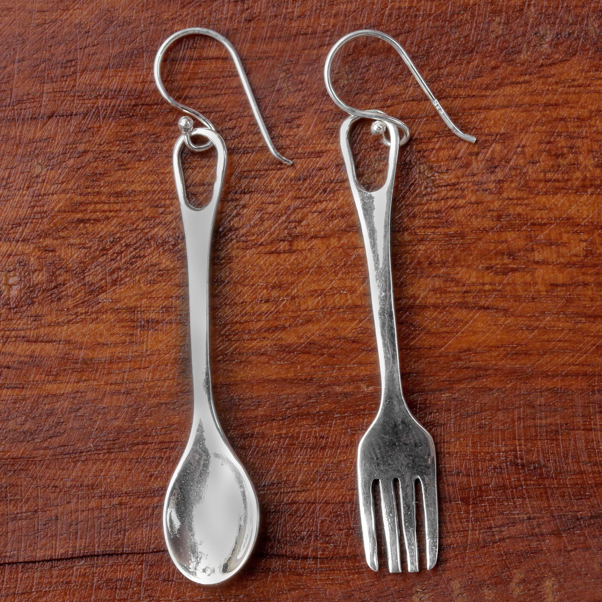 Fork and Spoon Sterling Silver Dangle Earrings from Thailand Lunch