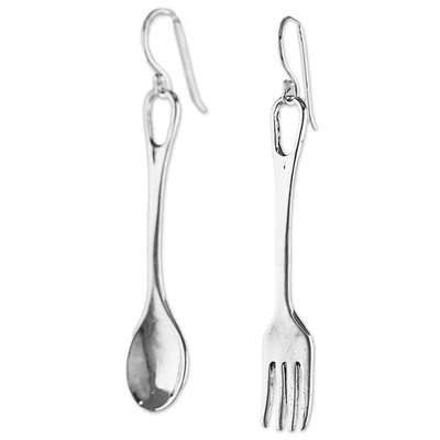 Sterling silver dangle earrings, 'Lunch Time' - Fork and Spoon Sterling Silver Dangle Earrings from Thailand