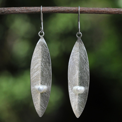 Cultured pearl dangle earrings, 'Beginning' - Thai Cultured Pearl and Sterling Silver Leaf Earrings