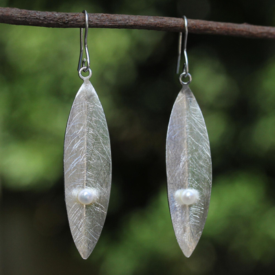 Cultured pearl dangle earrings, 'Beginning' - Thai Cultured Pearl and Sterling Silver Leaf Earrings