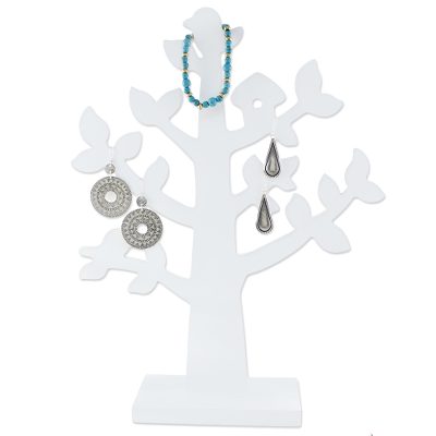 Wood jewelry tree, 'Bird Habitat in White' - Wood Jewelry Tree with Bird in White from Thailand