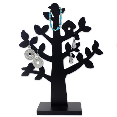 Wood jewelry tree, 'Bird Habitat in Black' - Wood Jewelry Tree with Bird in Black from Thailand