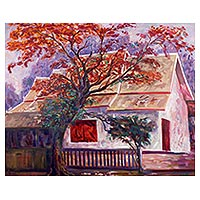 'Wat Ram Poeng' (2016) - Signed Stretched Impressionist Painting of House and Tree