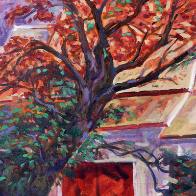 „Wat Ram Poeng“ (2016) – Signiertes impressionistisches Gemälde von Haus und Baum
