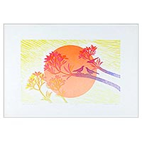 'Sun Light' - Sun and Tree Limited Edition Ink Print from Thailand