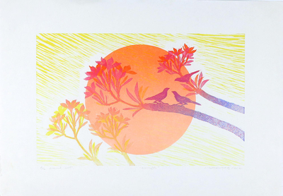 'Sun Light' - Sun and Tree Limited Edition Ink Print from Thailand