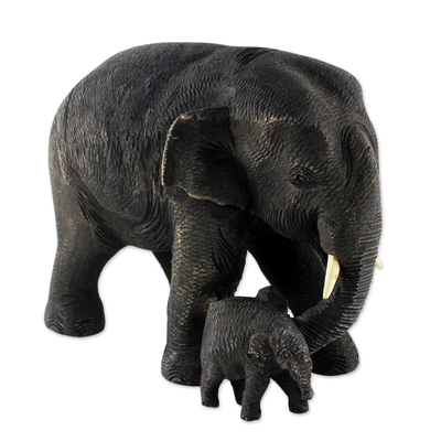 Thai Teak Wood Sculpture of Mother and Child Elephants