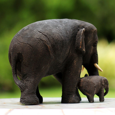 Teak wood sculpture, 'Love and Care' - Thai Teak Wood Sculpture of Mother and Child Elephants