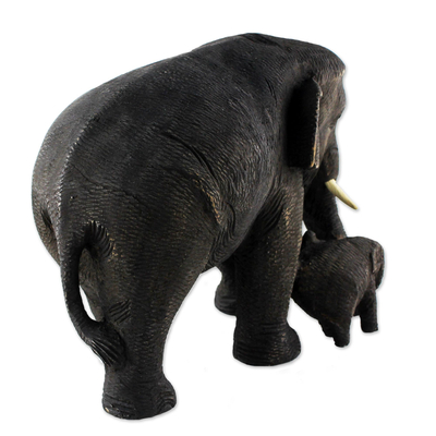 Escultura de madera de teca - Escultura tailandesa de madera de teca de madre e hijo elefantes