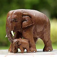 Teak wood sculpture, 'Love and Care in Brown' - Brown Teak Wood Sculpture of Mother and Child Thai Elephants