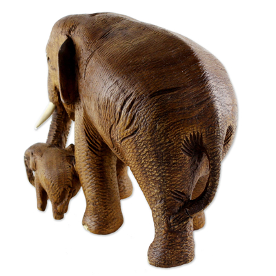 Teak wood sculpture, 'Love and Care in Brown' - Brown Teak Wood Sculpture of Mother and Child Thai Elephants