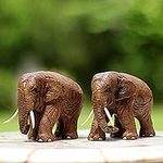 Brown Teakwood Elephant Sculptures (Pair) from Thailand, 'Walk Together'