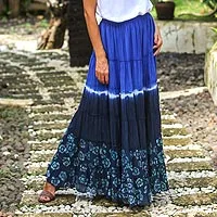 Falda de algodón teñida con corbata, 'Boho Batik in Royal Blue' - Falda de algodón teñida con corbata en azul real y negro Tailandia