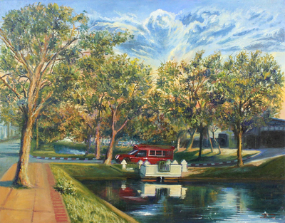 Impressionist Painting of a Tree-Lined Moat from Thailand