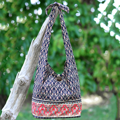 Umhängetasche aus Baumwolle - Handgefertigte thailändische Umhängetasche aus roter und schwarzer Baumwolle