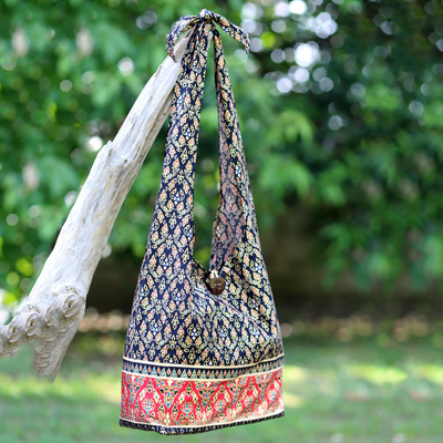 Cotton shoulder bag, 'Dramatic Thai' - Handmade Thai Red and Black Cotton Shoulder Bag