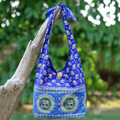 Cotton shoulder bag, 'Royal Thai Elephant' - Handmade Blue Cotton Shoulder Bag with Elephant Motif