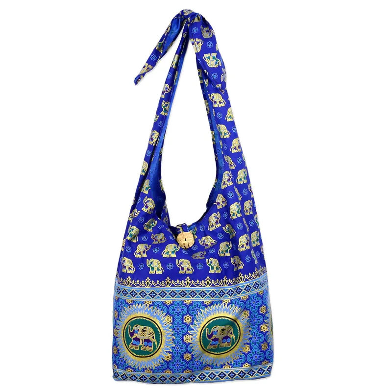 Handmade Blue Cotton Shoulder Bag with Elephant Motif - Royal Thai