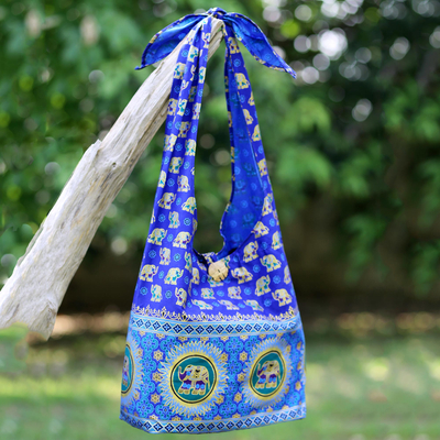 Umhängetasche aus Baumwolle - Handgefertigte Umhängetasche aus blauer Baumwolle mit Elefantenmotiv