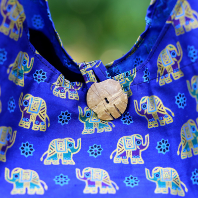 Bolso bandolera de algodón - Bolso de Hombro Hecho a Mano de Algodón Azul con Motivo de Elefante