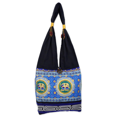 Blue and Black Cotton Blend Shoulder Bag with Elephant Motif