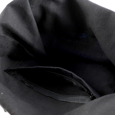 Cotton blend shoulder bag, 'Spiral and Shine' - Blue and Black Cotton Blend Shoulder Bag with Elephant Motif