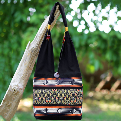 Cotton blend shoulder bag, 'Charming Thai in Black' - Black Cotton Blend Shoulder Bag from Thailand